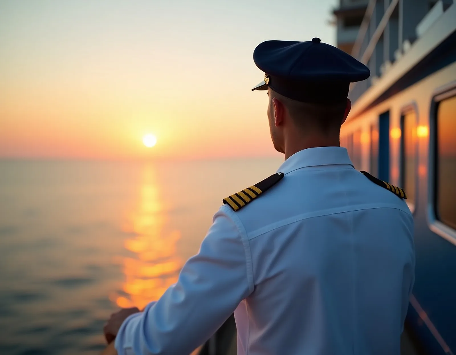 Captain on the bridge wing at sunrise