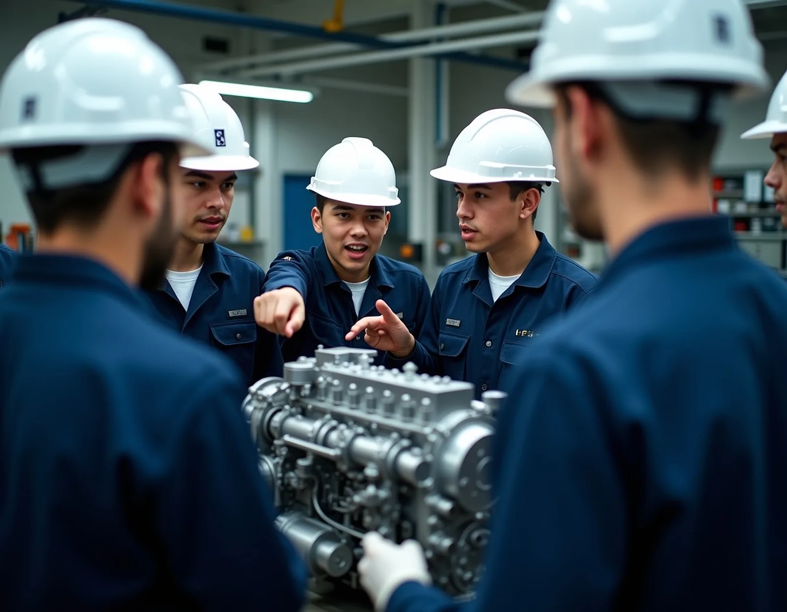 Trainees around a cutaway marine engine model