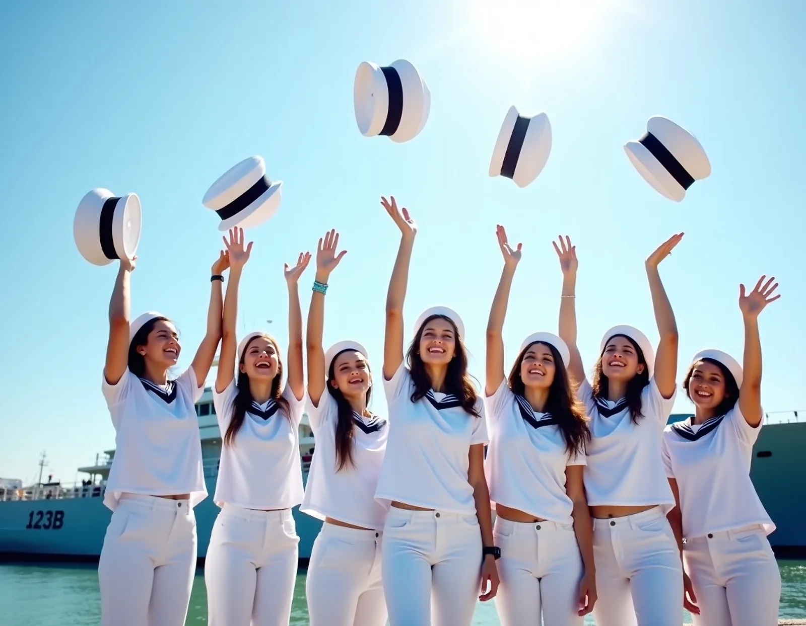 Graduating cadets tossing white caps on a quay