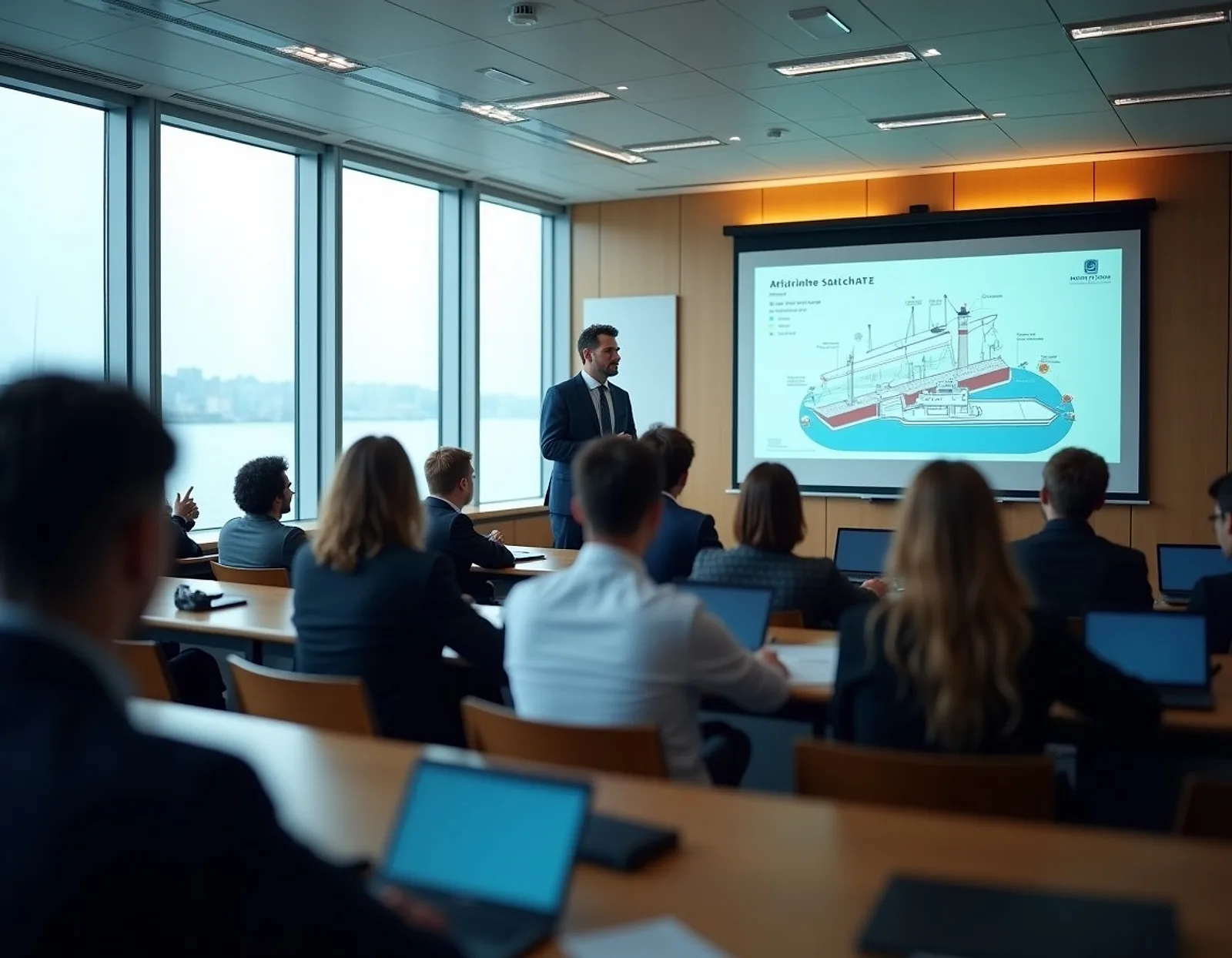 Lecture room with an instructor and a ship stability diagram