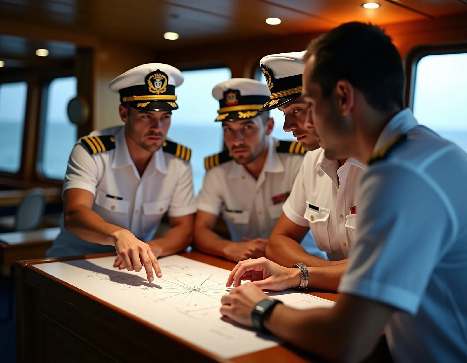 Officers gathered around a chart table for a briefing