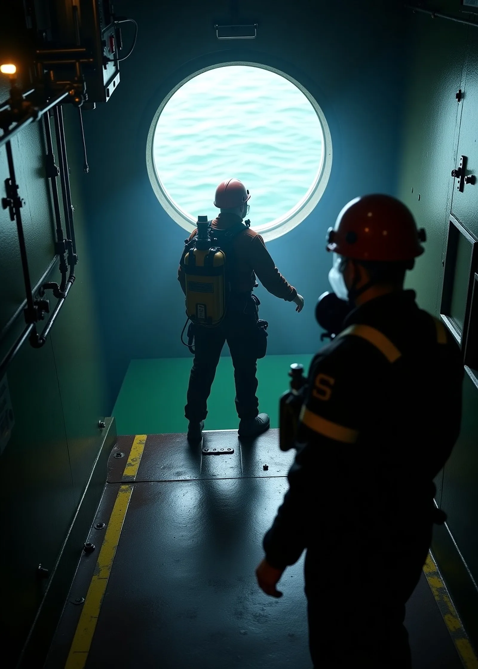 Crew member in a harness and breathing apparatus about to enter a ship tank through a hatch with a colleague on standby